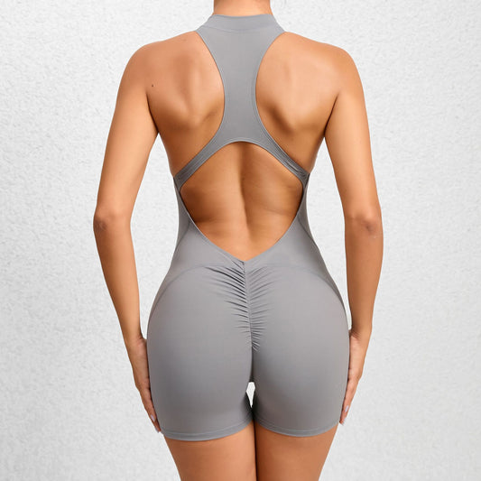 Non Woven Tight With Zipper Sports Yoga Pants Peach Hip One Piece Quick Drying Pleated Fitness Jumpsuit