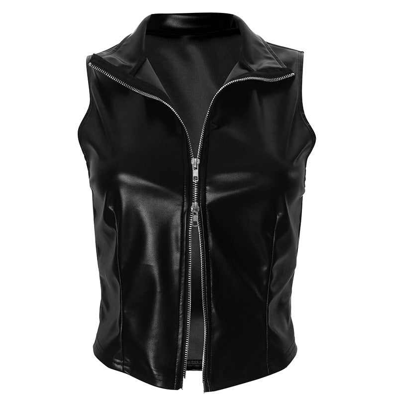 Women Clothing Solid Color Stand Collar Leather Glossy Zipper Vest Cardigan