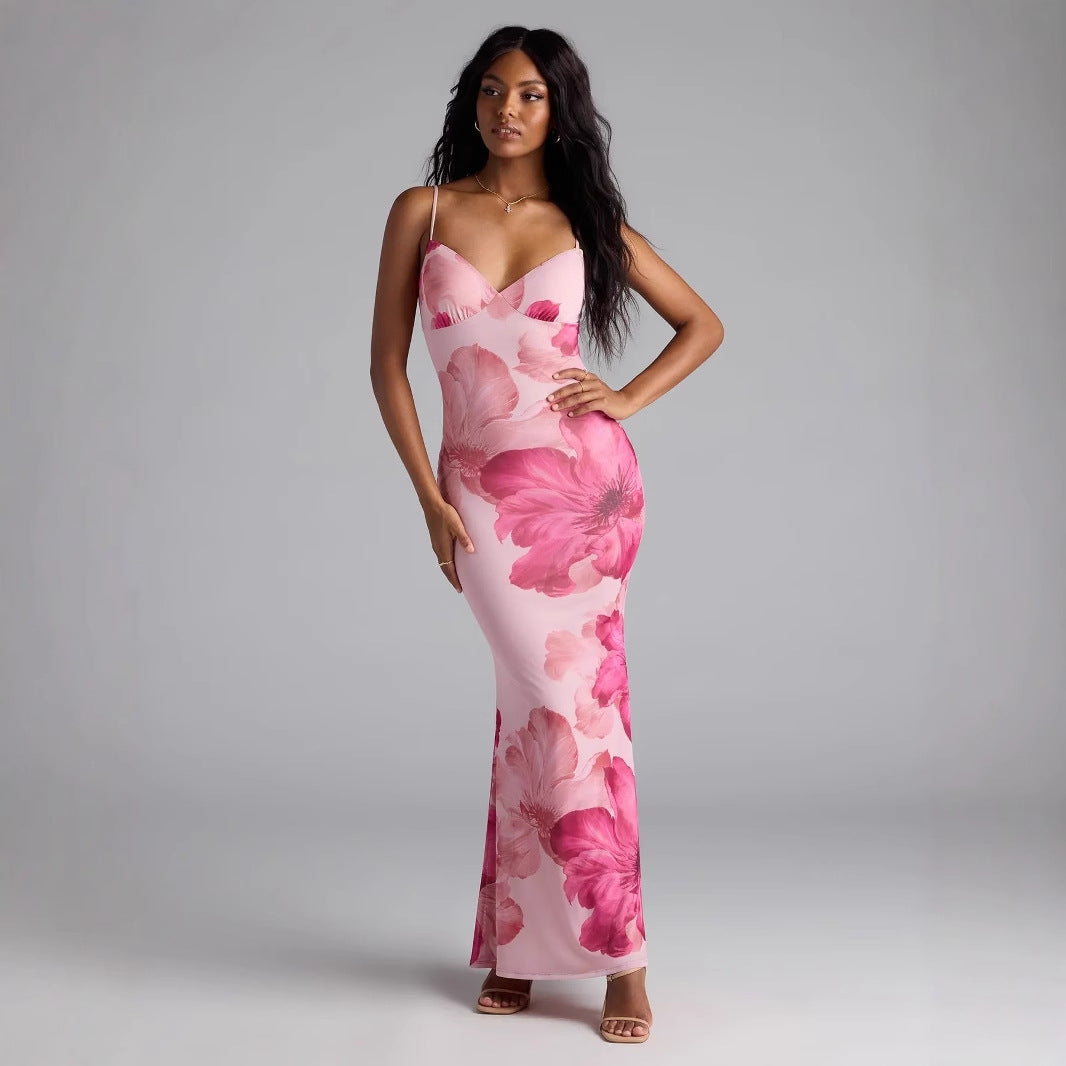 Summer Women Clothing Sexy Printing V-neck Brace Backless Slimming Dress