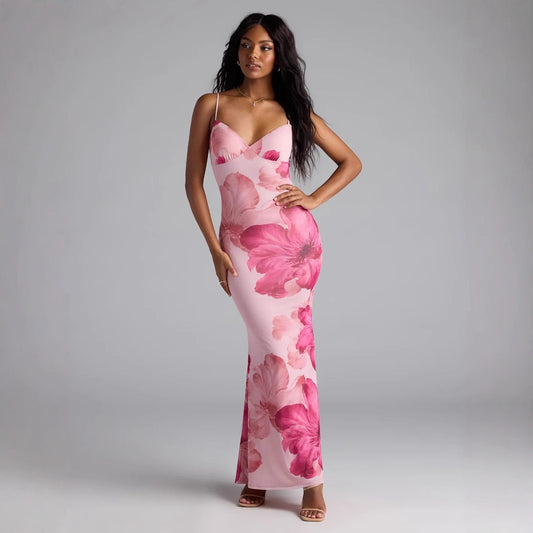 Summer Women Clothing Sexy Printing V-neck Brace Backless Slimming Dress