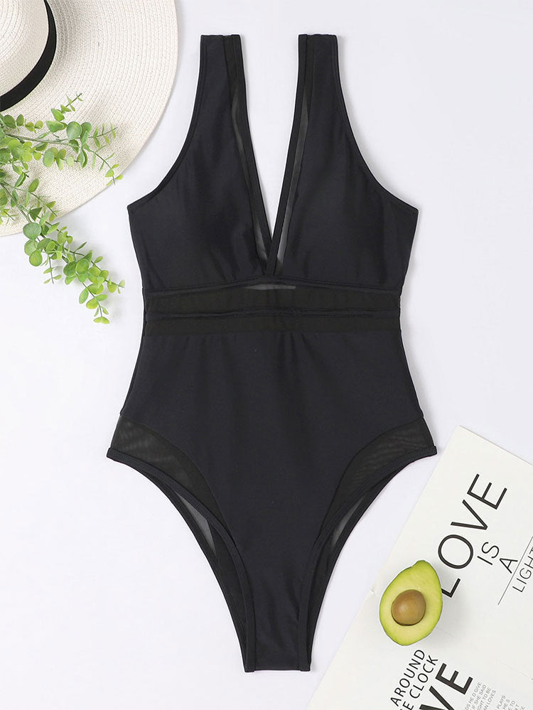 Solid Color Spun Yarn One Piece Swimsuit Women Deep V Plunge Sexy Spring Swimwear