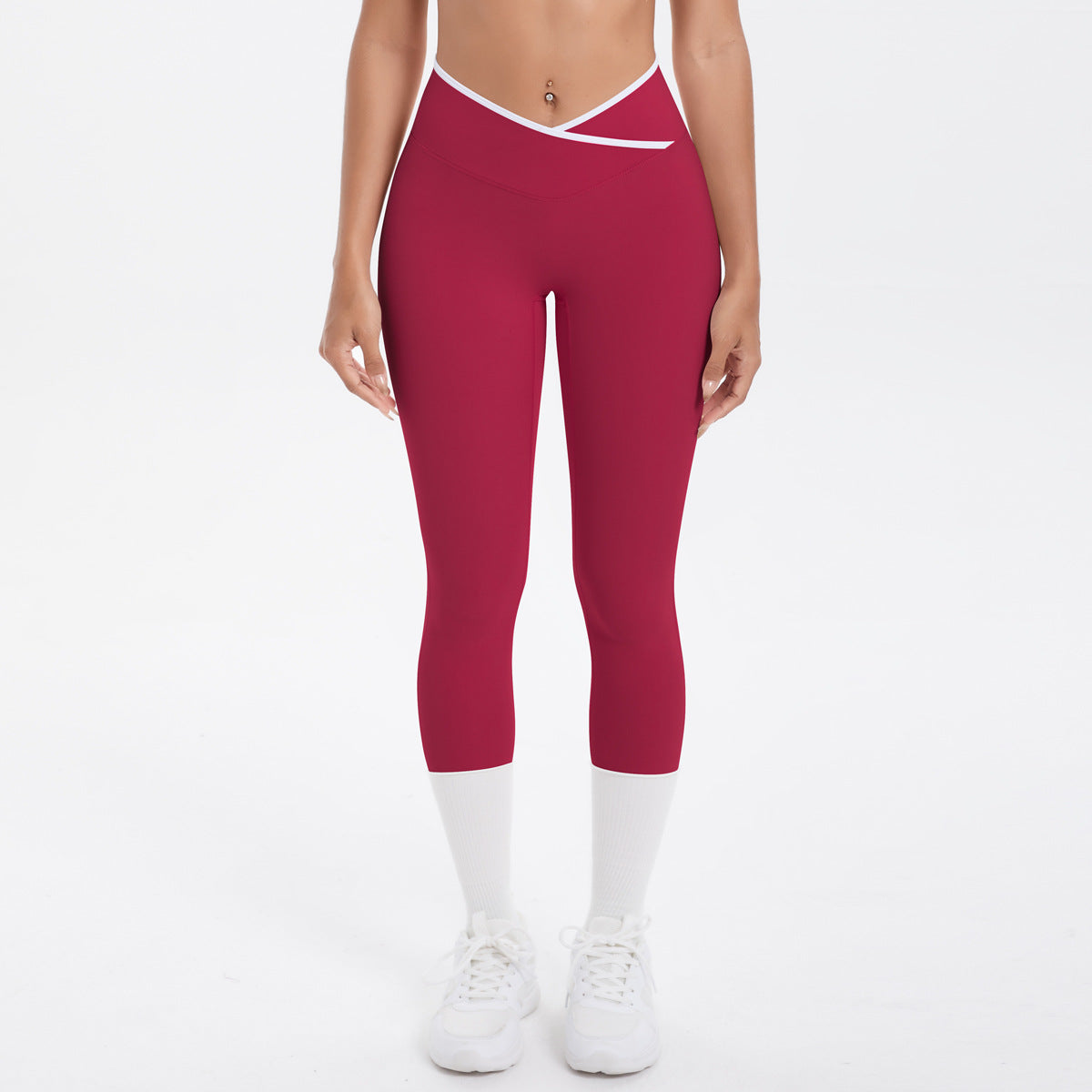 Nude Feel Skinny Yoga Pants Contrast Color Sexy Hip Lifting Cross High Waist Cropped Pants Women Sports Fitness Pants