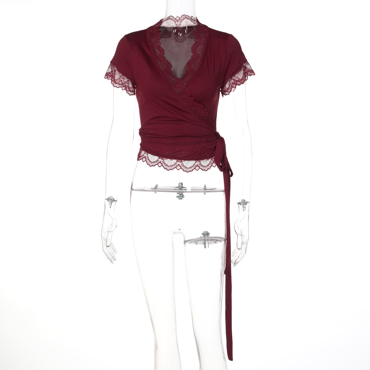 Women Clothing Lace V neck Slim Fit Short Sleeved Ribbon Casual T shirt Top