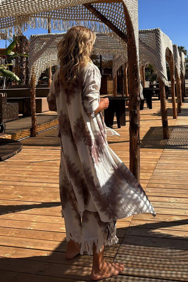 Printed Vest Tassel Cropped Pants Coat Three Piece Suit