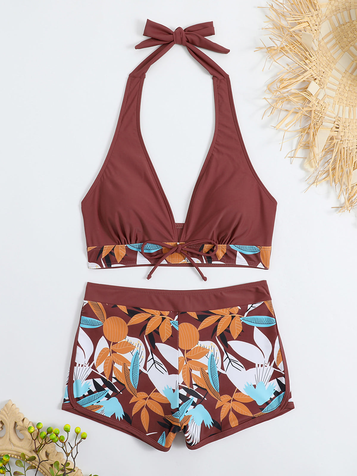 Swimsuit Women Split High Waist Boxer Lace Printing Solid Color Stitching Swimsuit