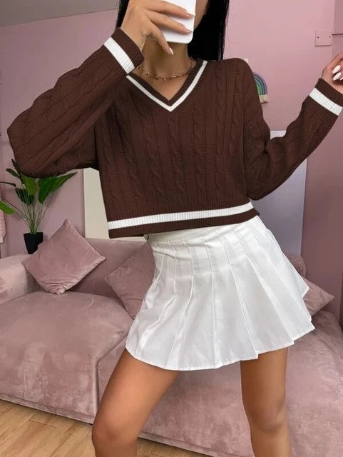 V neck Long Sleeve Knitwear Sweater Women Pullover Autumn Short Solid Color