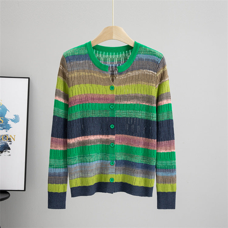 Round Neck Contrast Color Top Women Striped Long Sleeved Coat Autumn Casual Loose Knitted Cardigan