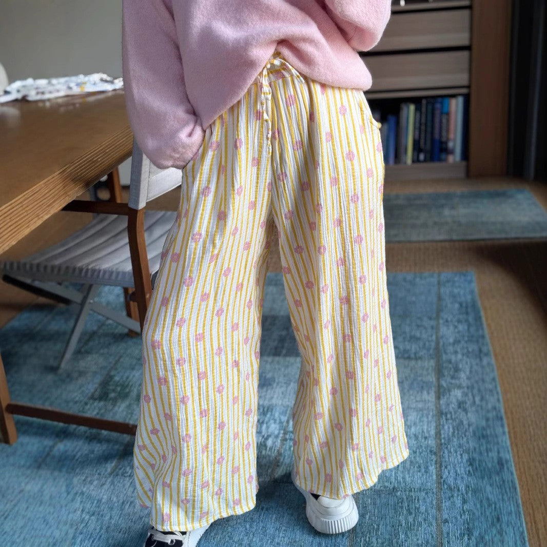 Thin Striped Printed Women Casual Pants Summer Drawstring Straight Loose Wide Leg Mop Pants