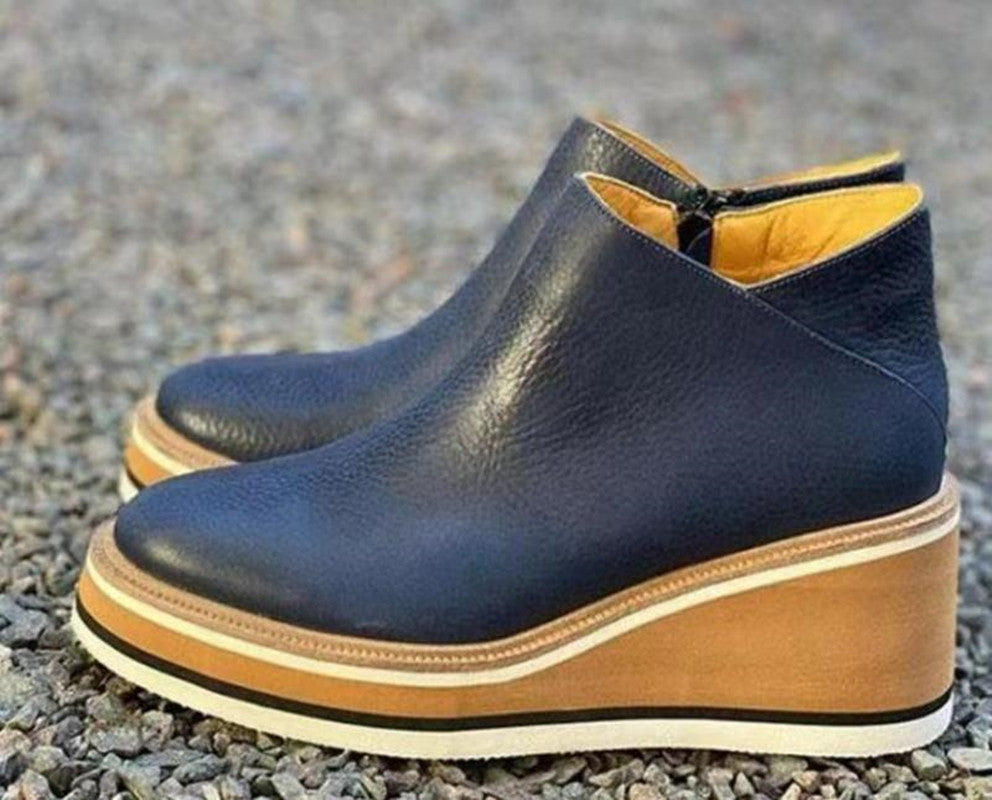 Wedge Thin Short Boots for Women Autumn Winter Side Zipper Mid Heel Leather Surface Ankle Boots