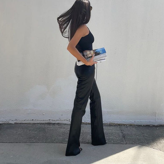 Autumn Women Clothing Faux Leather Pants Women Straight Loose Casual Low Waist Leather Pants Hair