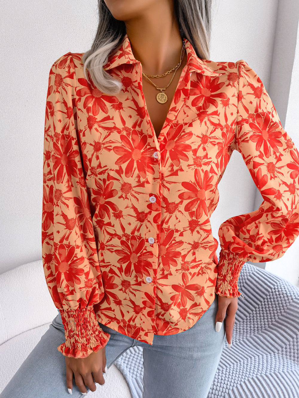 Spring Summer Casual Lantern Sleeve Contrast Color Floral Collared Shirt Women Clothing