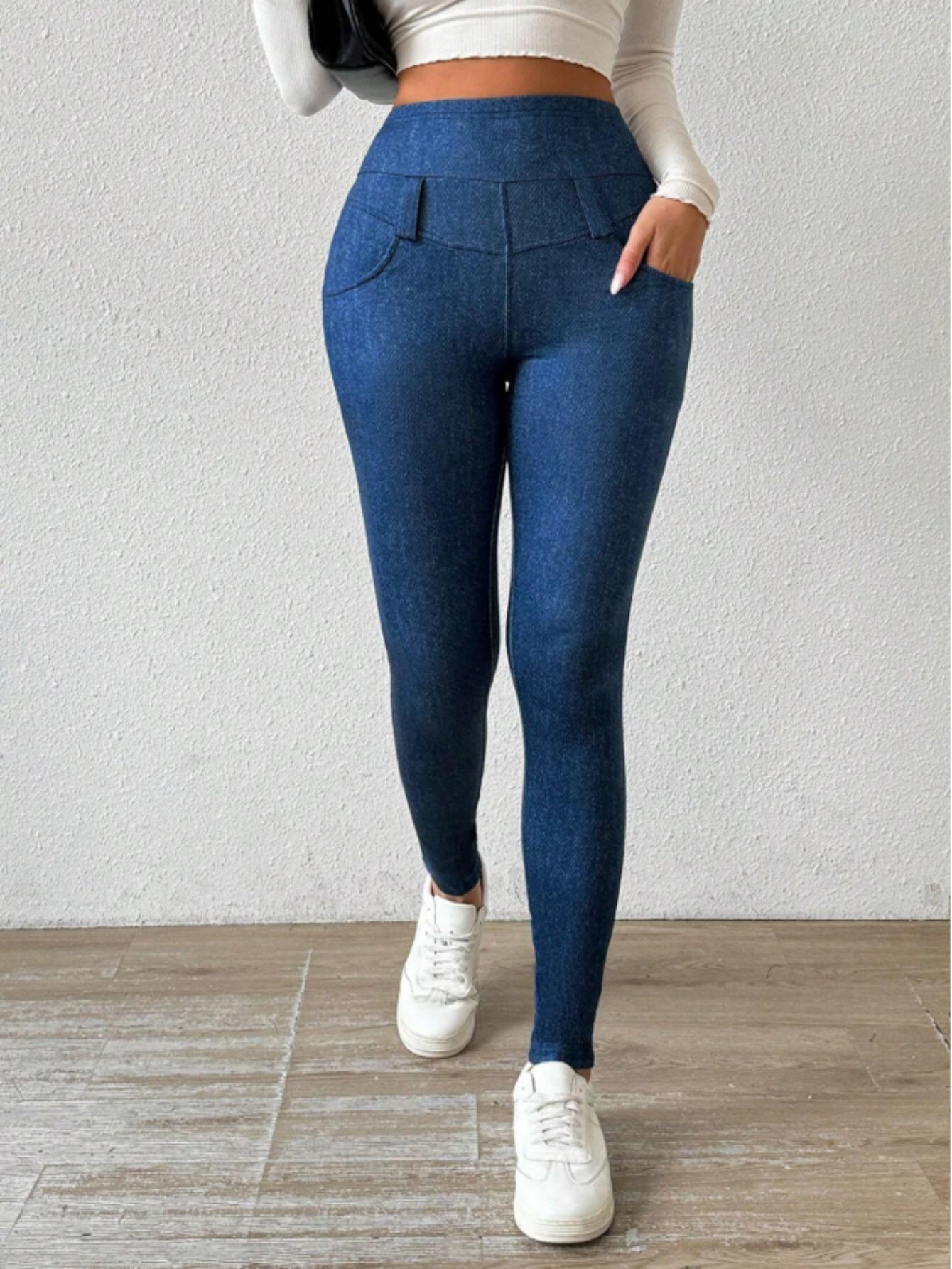 Artificial Denim Casual Pants Women High Waist Slimming Fleece Lined Padded Warm Keeping Hip Lifting with Pocket Commuting