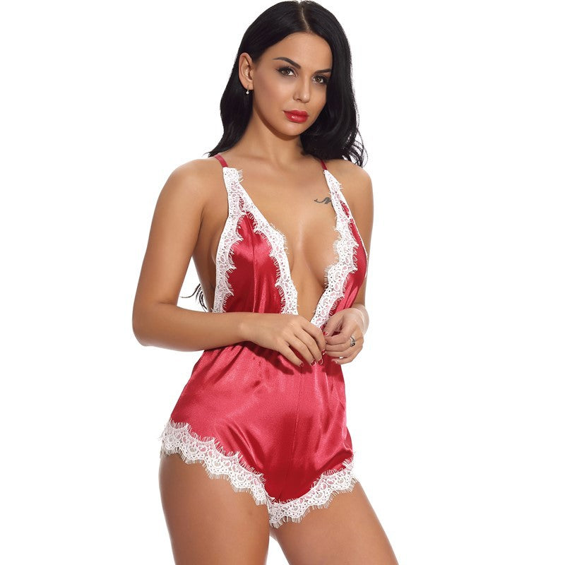 Sexy Lace Temptation Deep V Plunge One Piece Pajamas Split Beauty Back Cutout out Sexy Underwear