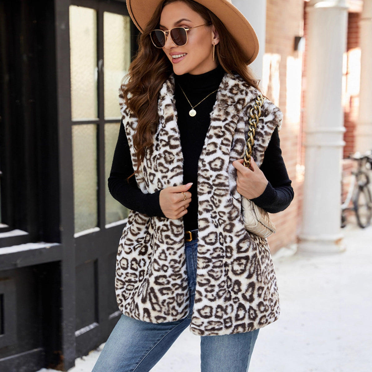 Fur Leopard Print Winter Mid Length Faux Fur Vest Warm Vest Women Vest
