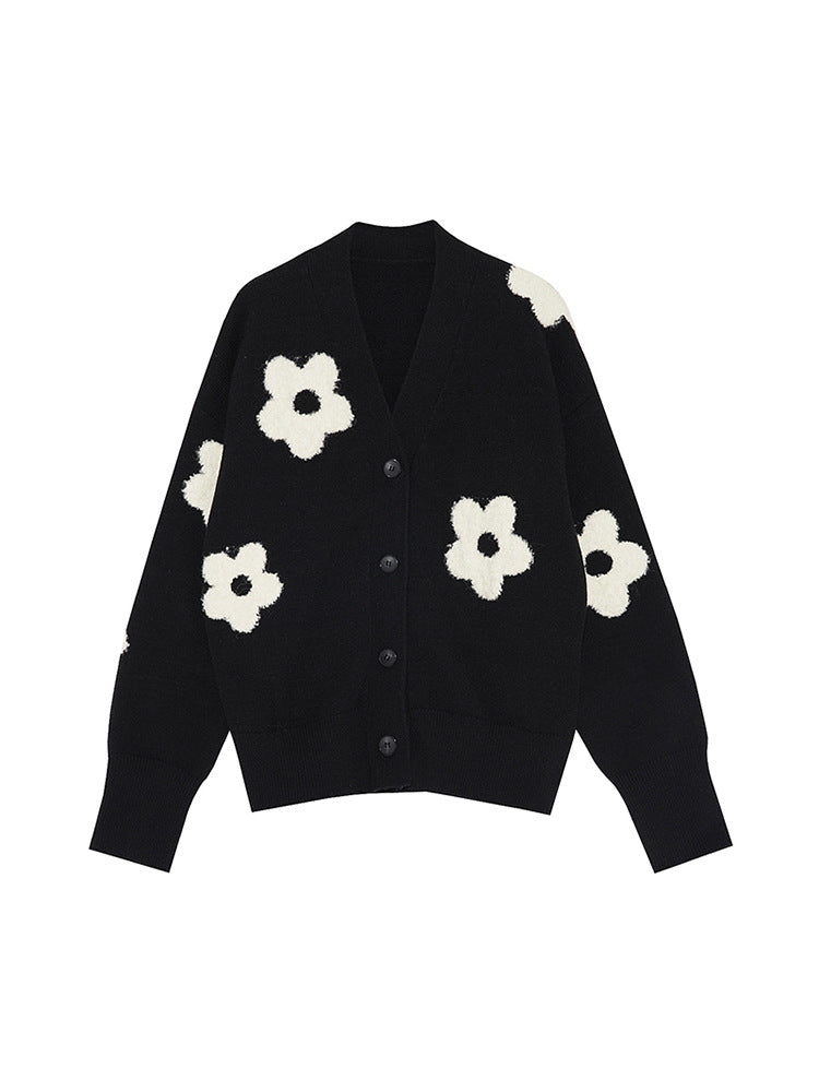 Sweater Women Coat Fall V Neck Three Dimensional Jacquard Knitted Cardigan