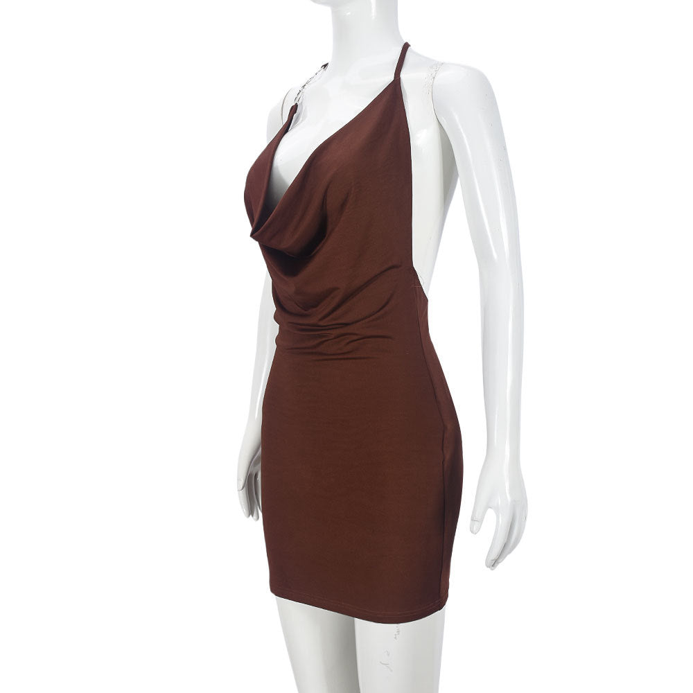 Women Clothing Sexy Slim Strap Deep V Plunge Swing Collar Backless Sheath Dress