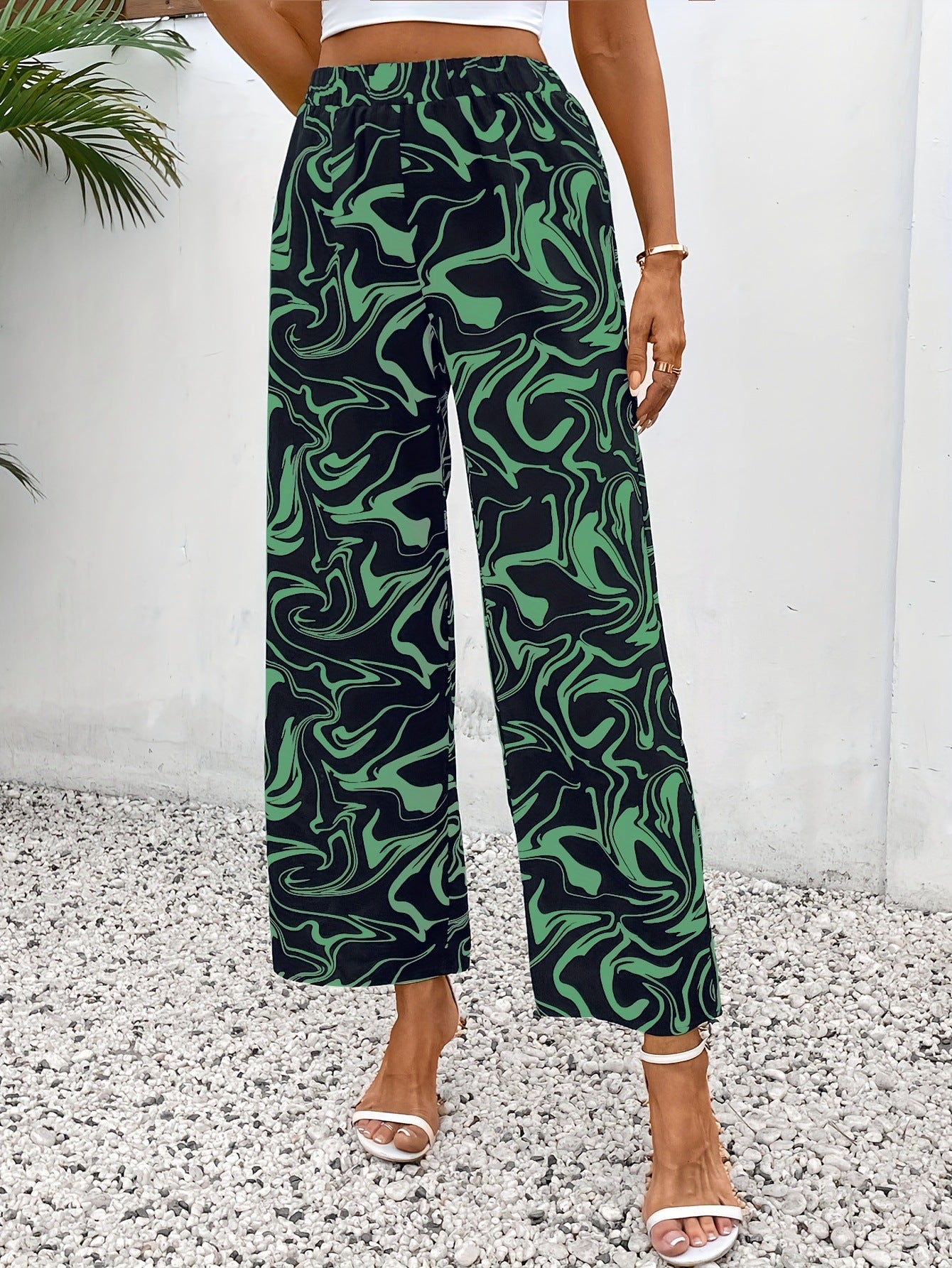 Spring Autumn Elastic High Waist Pants Draping Casual Marble Print Straight Leg Trousers Women