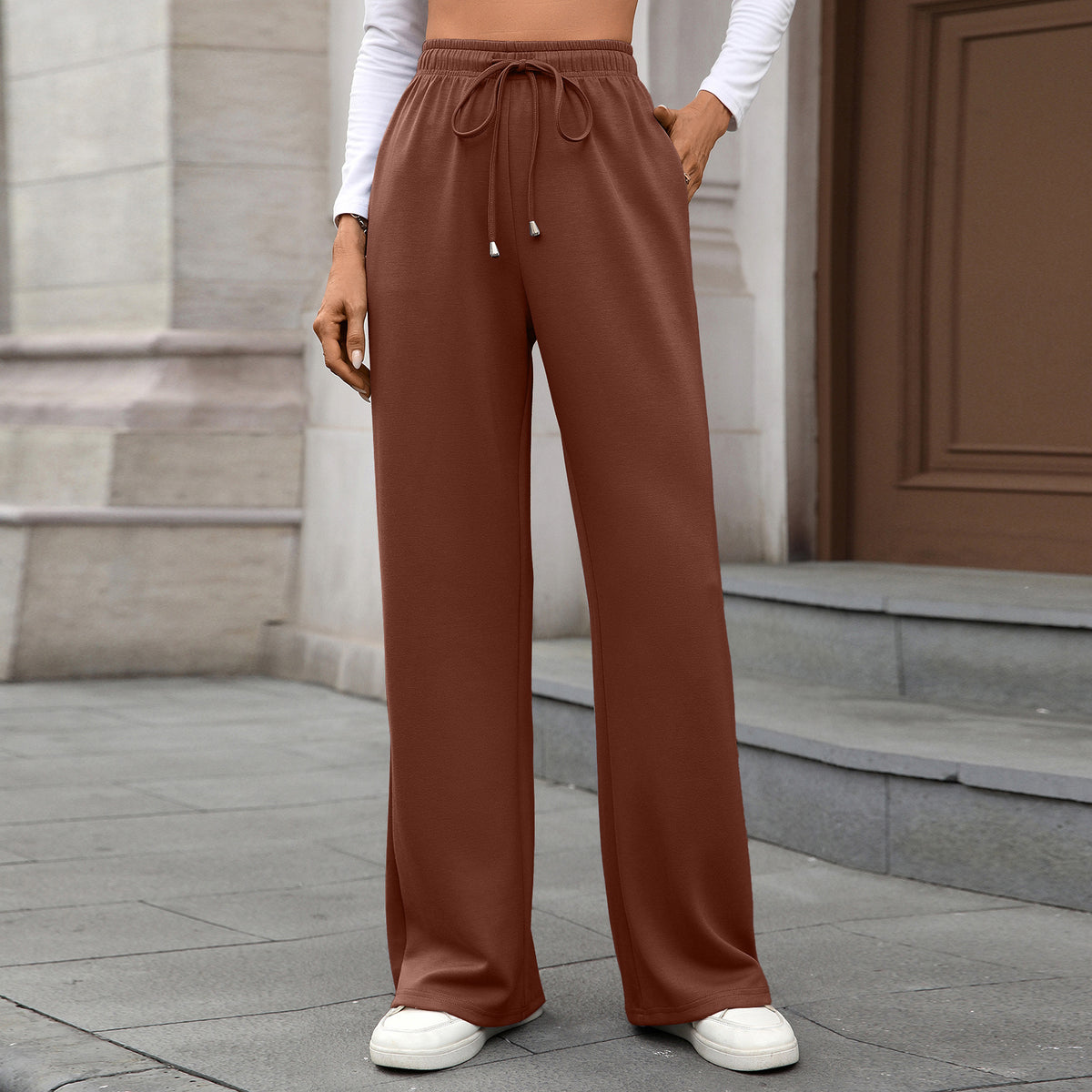 Autumn Winter Solid Color Elastic Waist Pocket Loose Straight Trousers Ladies