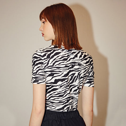 Sexy Zebra Print T shirt Women Short Slim Fit Short Sleeve Black White Striped Printed Top