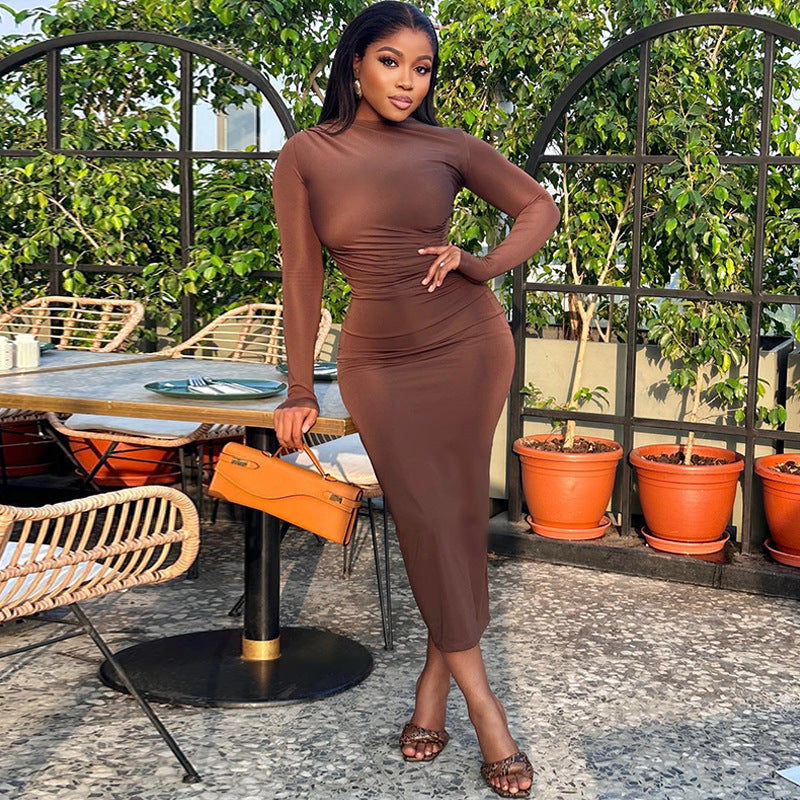 Women Clothing Solid Color round Neck Long Sleeve Pullover Street One Step Dress Dress Dress One Piece