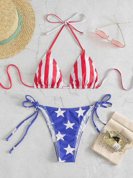 Halter Split Women Swimsuit Colored Triangle Bag Lace up Bikini