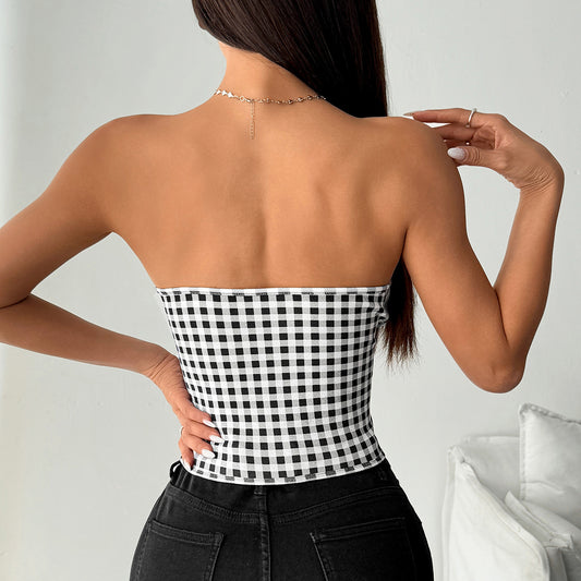 Sweet Spicy Plaid Tube Top Boning Corset Vest Stitching Tie Niche Bra Women Clothing