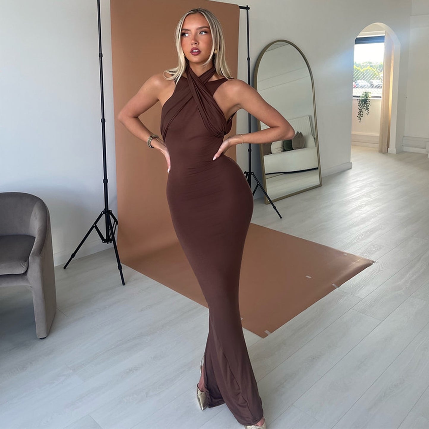 Spring Dress Solid Color Halter Hollow Out Cutout Slim Sheath High Waist Sexy