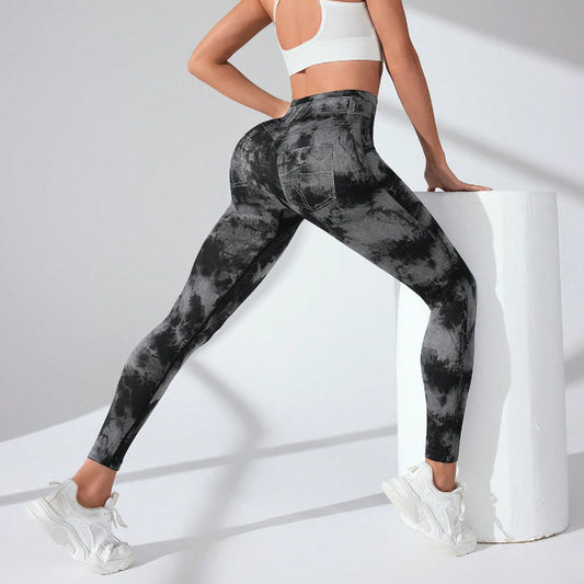 Sports Yoga Pants Peach Hip Seamless Knitted Running Workout Quick Drying Wicking Printed Leggings for Women