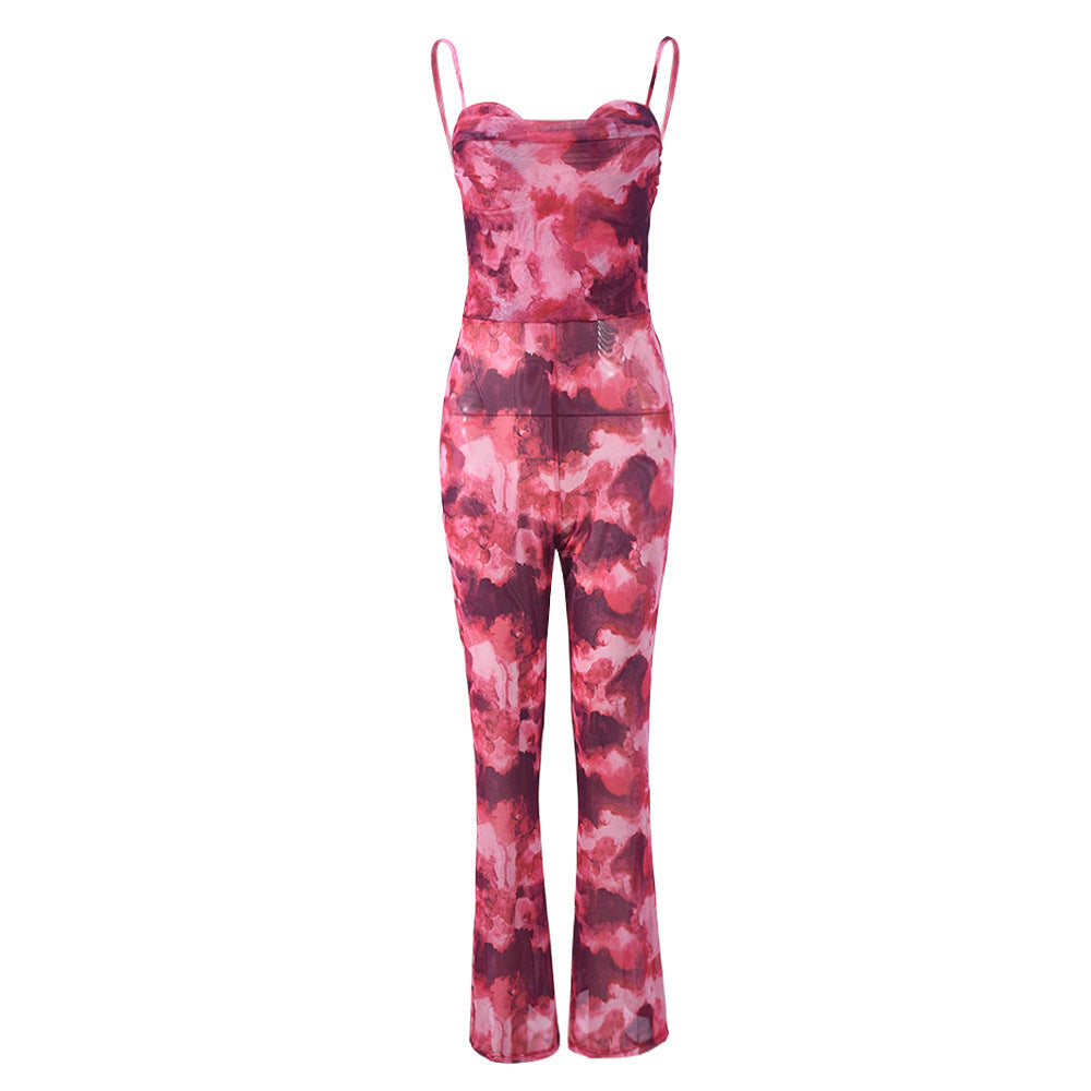 Women Clothing Autumn Mesh Floral Print Backless Sexy Suspenders Jumpsuit