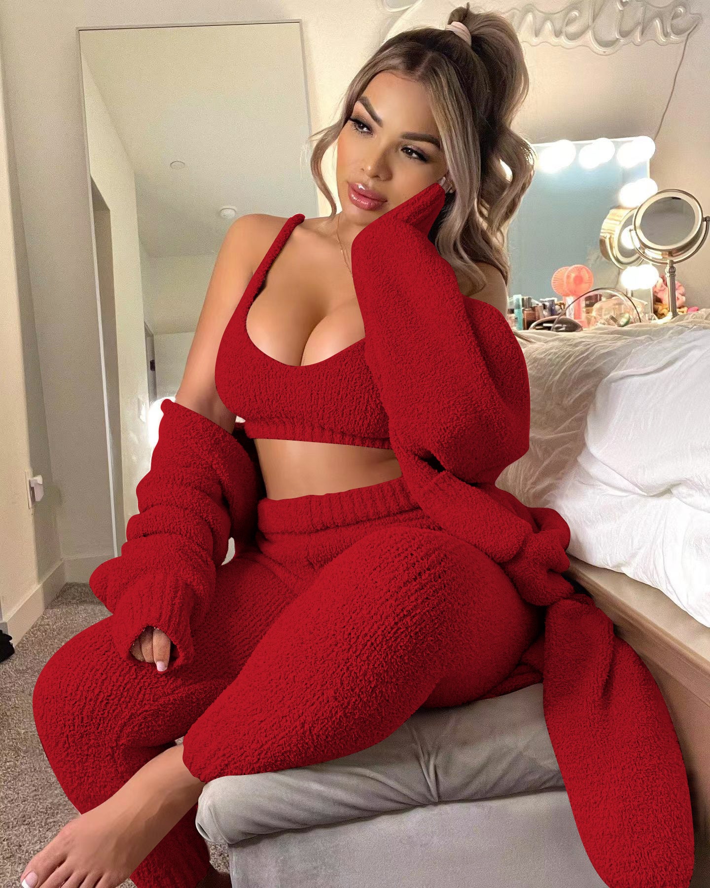 Women Clothing Sexy Strappy Cardigan Three Piece Set Women Clothing