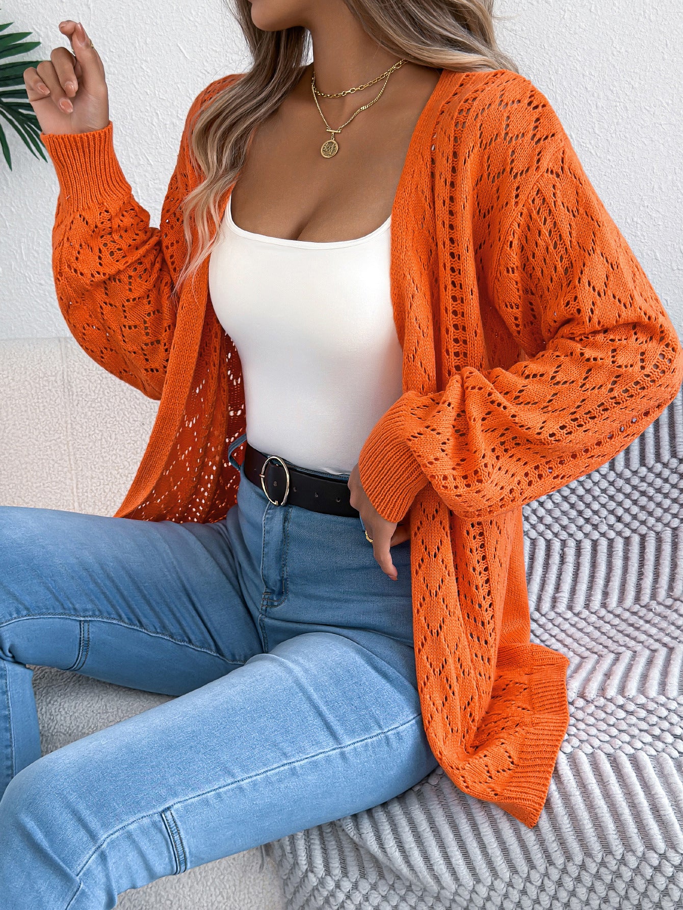 Autumn Winter Hollow Out Cutout out Lantern Long Sleeve Cardigan Sweater Mid Length Coat Women Clothing
