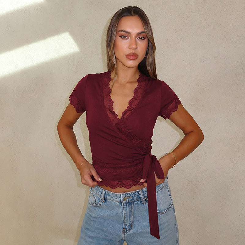 Women Clothing Lace V neck Slim Fit Short Sleeved Ribbon Casual T shirt Top