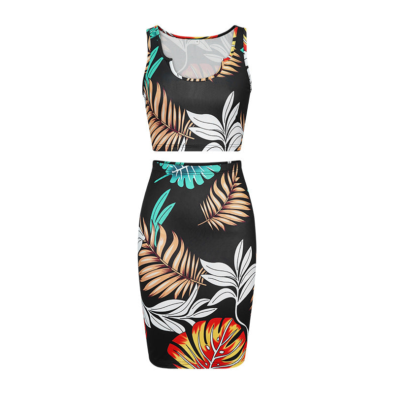 Women Clothing Summer Slip Dress Casual Two Piece Suit Sexy Print