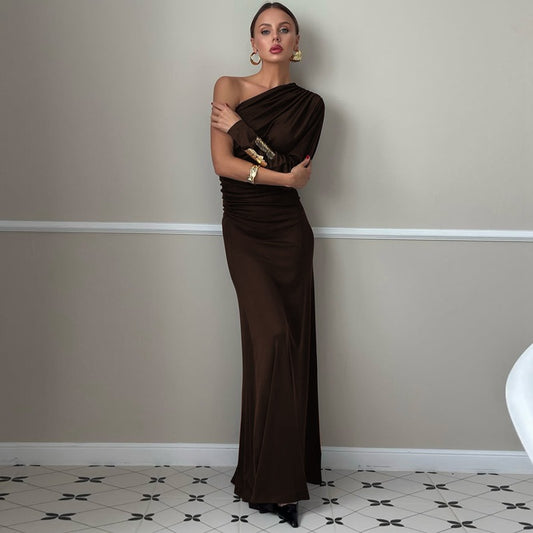 Women Clothing Autumn Fashionable Irregular Asymmetric off Shoulder Single Sleeve Pleated Maxi Dress