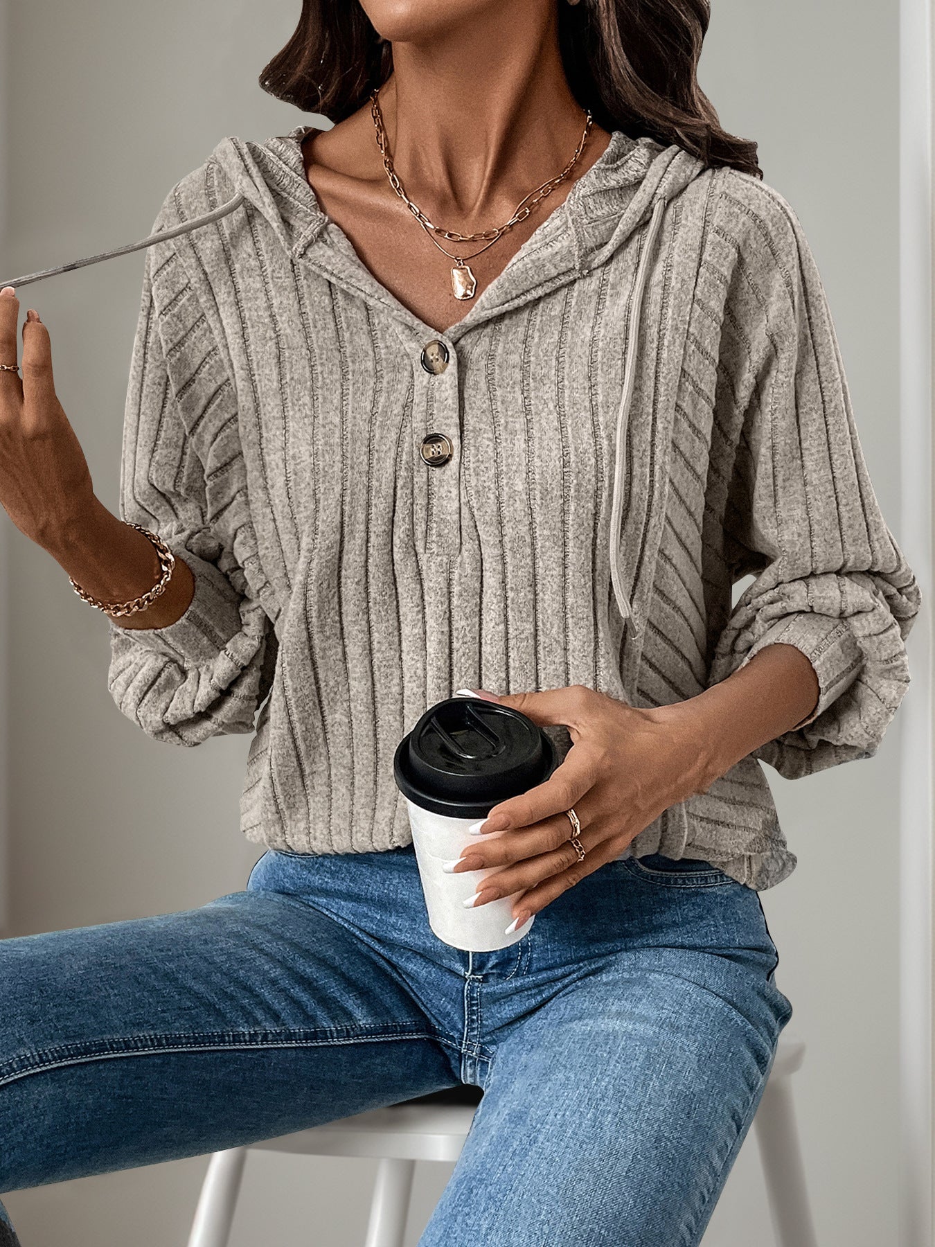Inner Wear Home Casual Laid Sunken Stripe Hooded Solid Color Sweater Top