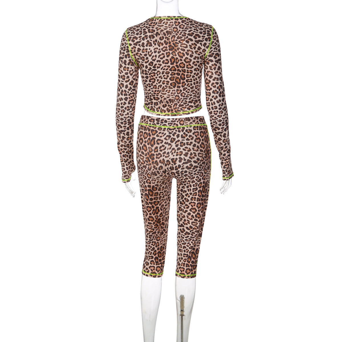 French Women Clothing Autumn Winter Leopard Print Cropped Long Sleeve Top Slim Shorts Set