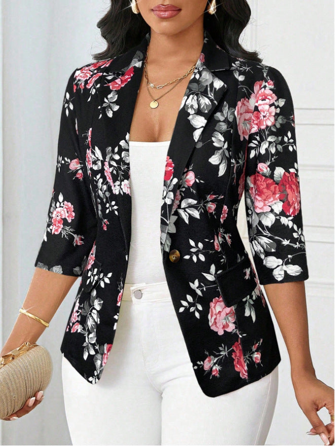 Refined Stylish Printed Small Blazers Turn down Collar Coat
