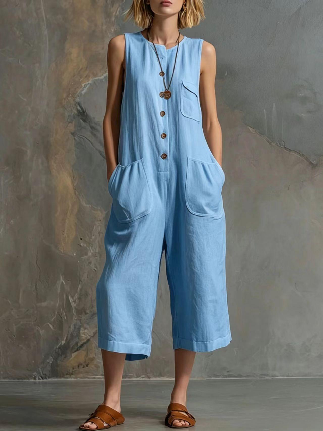 Spring Summer Casual Retro Sleeveless White Cotton Linen Wide Leg Cropped One Piece