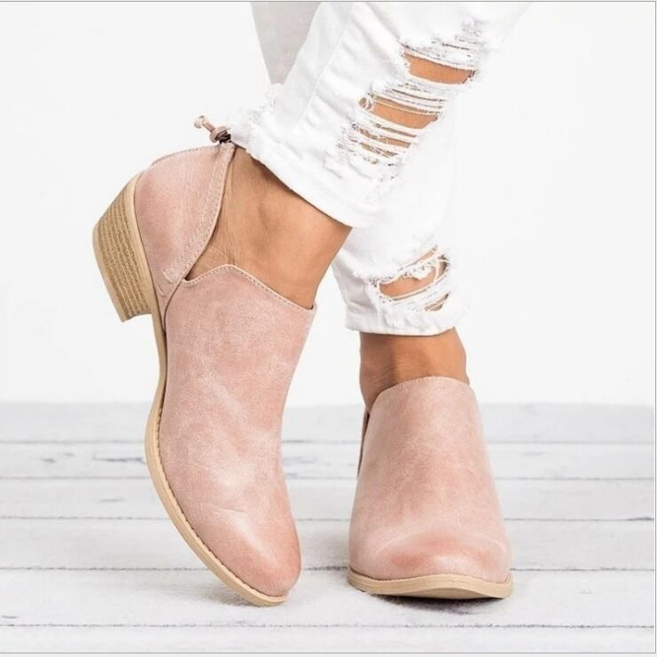 Plus Size Thick Heel Thin Ankle Boots Women Solid Color Pointed Toe Back Zipper Low Heel Shoes