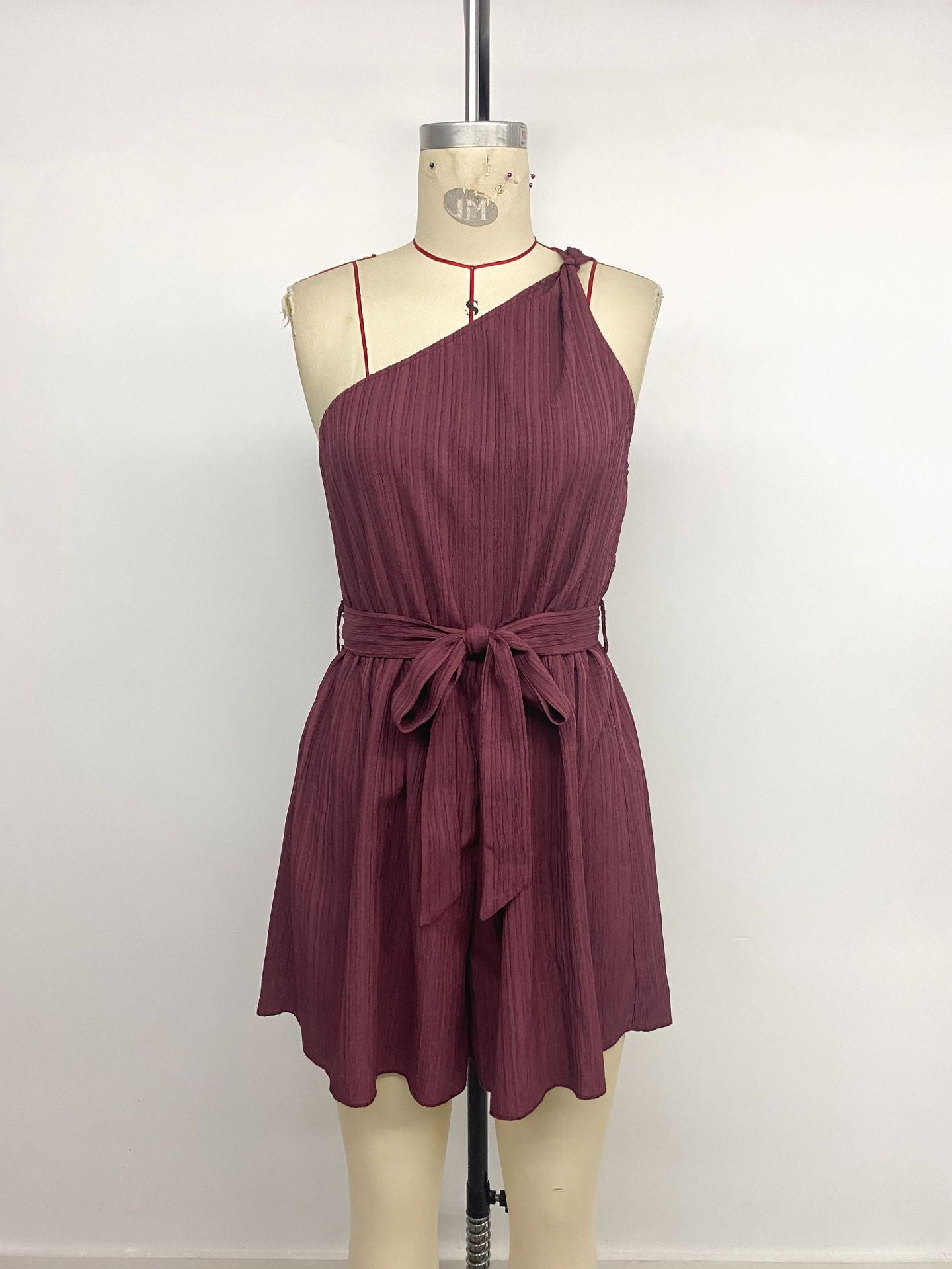 Casual Vacation Texture Solid Color One Shoulder Lace up Jumpsuit