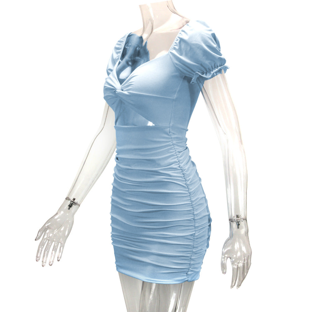 Women Clothing Sexy Hollowed out Pleated Puff Sleeve Sheath Dress