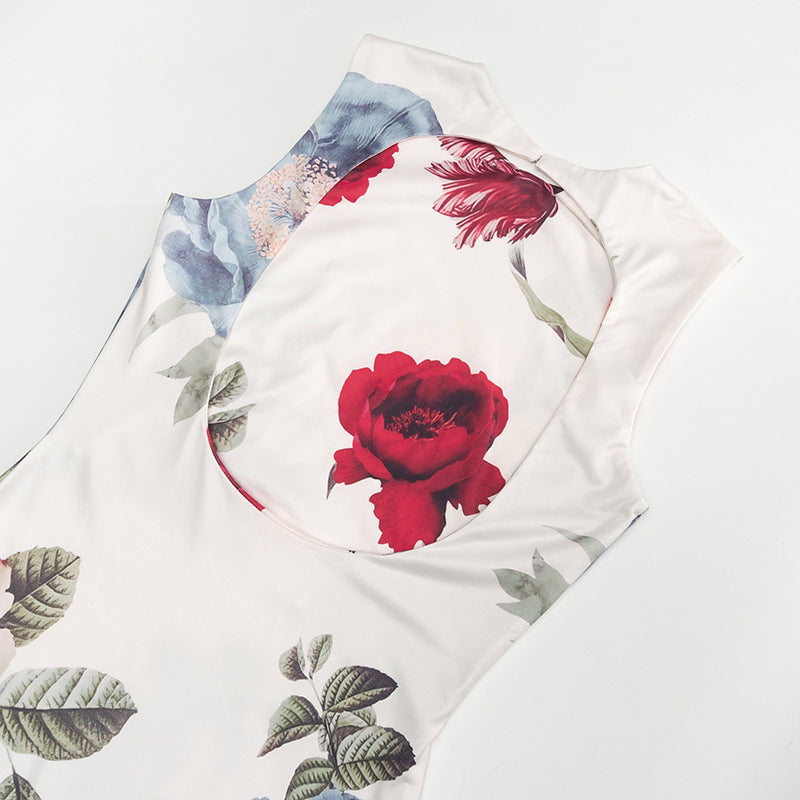 Fashionable Elegant round Neck Sleeveless Pullover Plant Floral Print Slim Fit Maxi Dress
