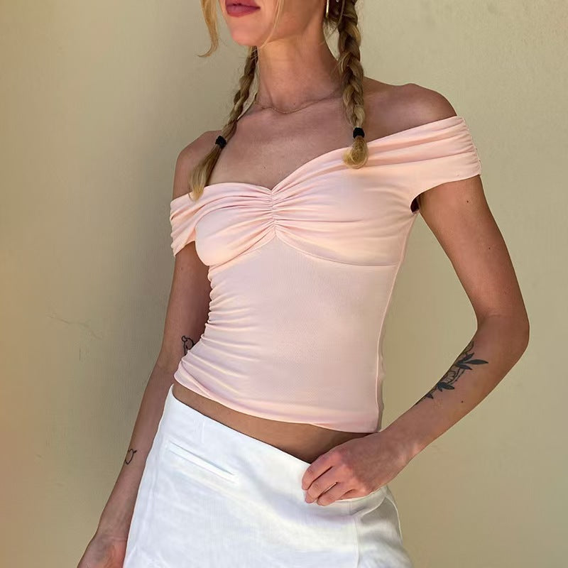 Women Clothing Spring Summer off Shoulder Wrinkle Front Chest Top Sexy off Shoulder Pure Sexy Vest Women