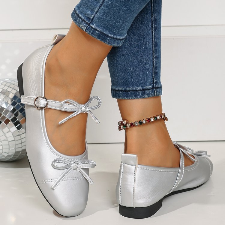 Shallow Mouth Ballet Flat Pumps Women Vintage Bow Low Heel Mary Jane Word Buckle Gomminosho