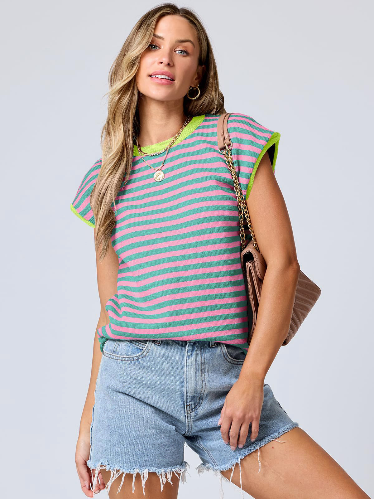Women Clothing Summer round Neck Knitted Top Casual Striped Contrast Color Sweater