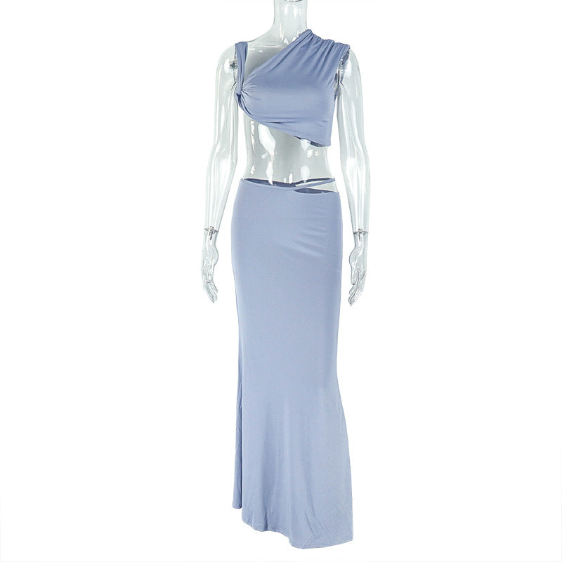 Sexy Women Wear Solid Color Elegant Casual Cropped Skirt Tube Top Diagonal Collar Top Sheath Dress Two Piece Sets
