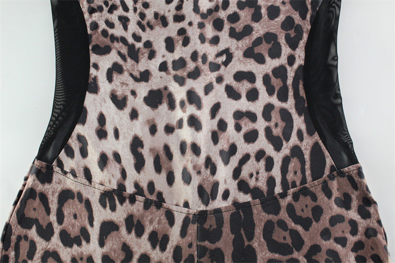 Sexy Sleeveless Halter Leopard Print Printed Mesh Stitching Jumpsuit Tight High Elastic Trousers