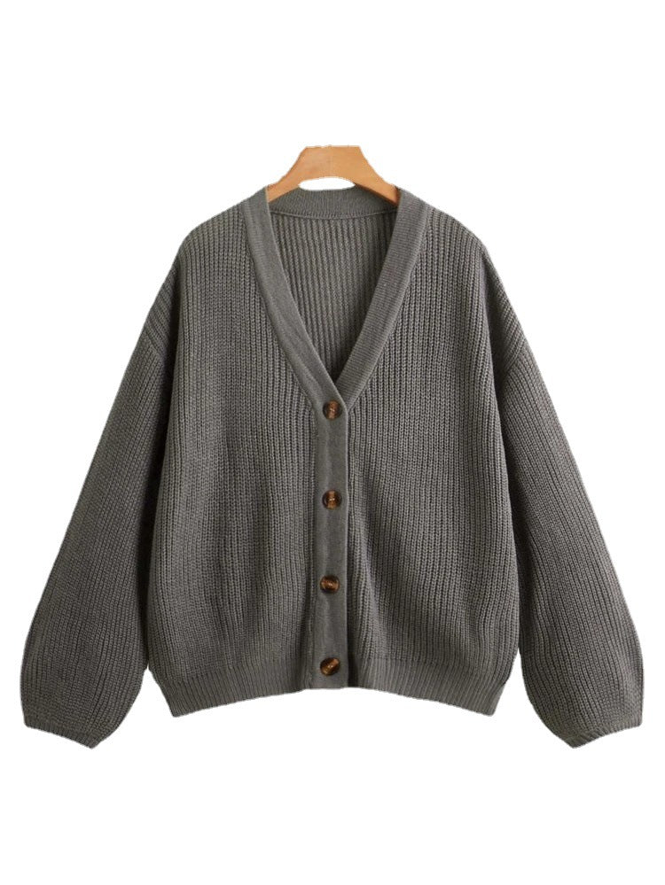 Lantern Sleeve Autumn Winter V neck Cardigan Women Solid Color Coat Simple Outer Knitted Sweater Button