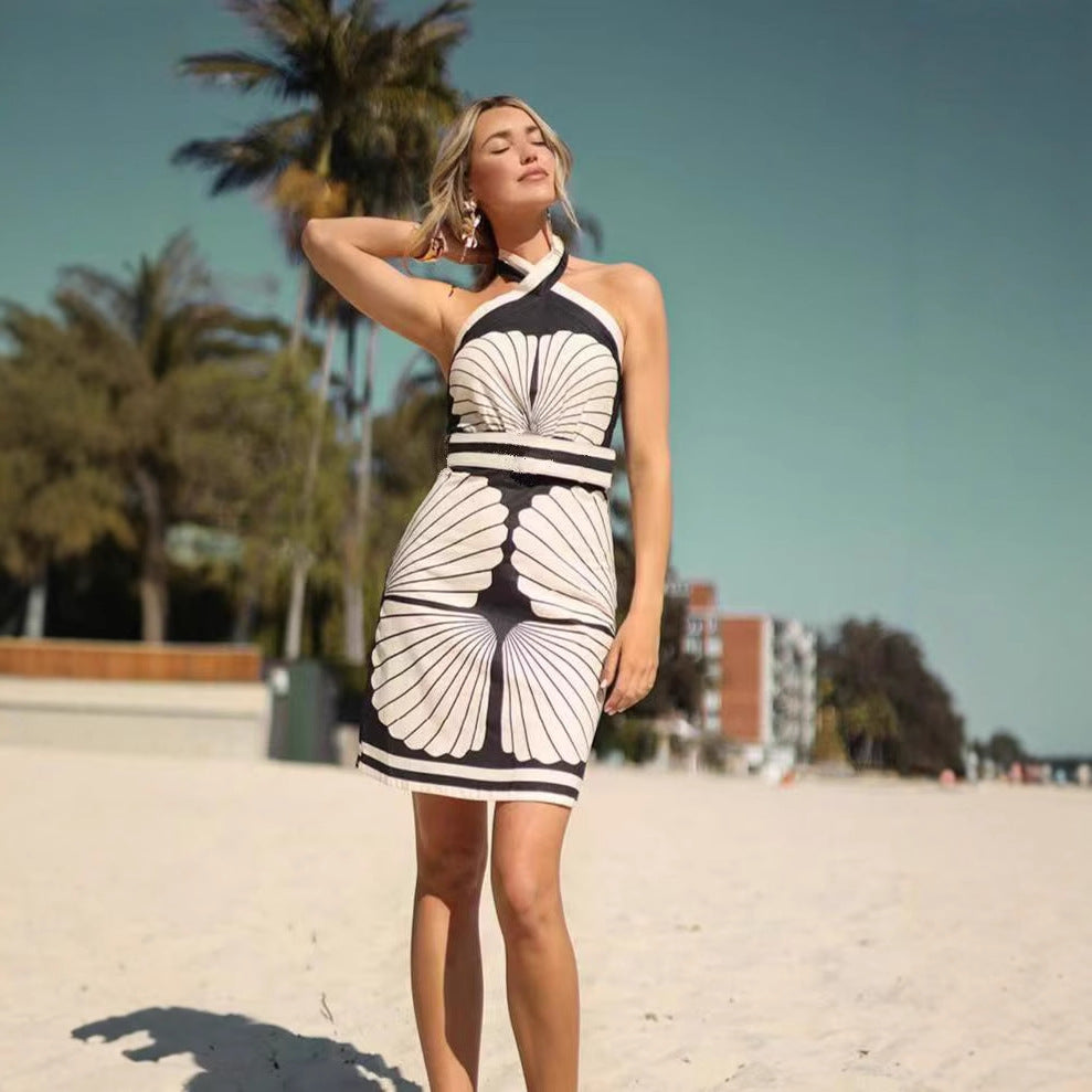 Summer Sexy Shell Positioning Printing Halter Tied Dress