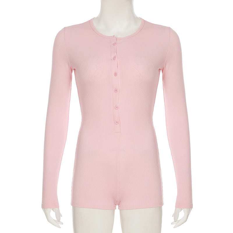 Solid Color Jumpsuit Autumn Slimming Breasted Bottoming Sexy Long Sleeve Romper